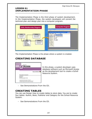 High School B. Mertajam
LESSON 61
IMPLEMENTATION PHASE


The Implementation Phase is the third phase of system development.
In the Implementation Phase, the system developers will convert the
technical plan and design plan into a computer program.




The Implementation Phase is the phase where a system is created.

CREATING DATABASE


                               In this phase, a system developer uses
                               database software such as Microsoft Access
                               as the development tool to create a Scholl
                               Resource System.




  -   See Demonstrations From the CD.


CREATING TABLES
You can use Design View to create tables to store data. You are to create
four tables: Author, Book, Publisher and Category for the School Resource
System.

  -   See Demonstrations From the CD.




                                     207
 