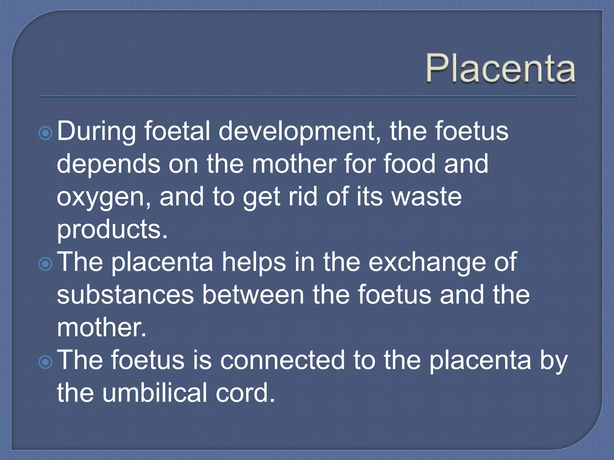  During foetal development, the foetus
  depends on the mother for food and
  oxygen, and to get rid of its waste
  products.
 The placenta helps in the exchange of
  substances between the foetus and the
  mother.
 The foetus is connected to the placenta by
  the umbilical cord.
 