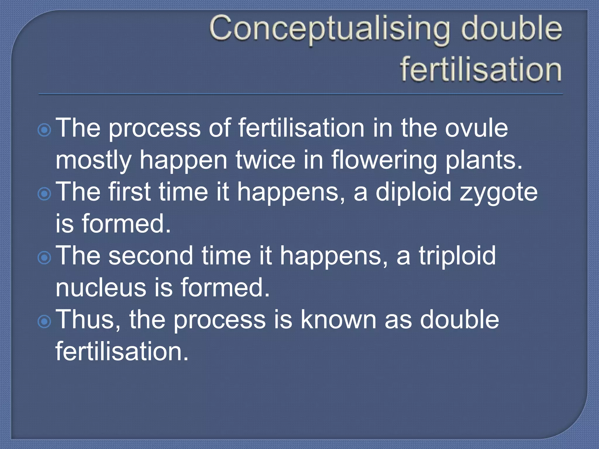  The   process of fertilisation in the ovule
  mostly happen twice in flowering plants.
 The first time it happens, a diploid zygote
  is formed.
 The second time it happens, a triploid
  nucleus is formed.
 Thus, the process is known as double
  fertilisation.
 