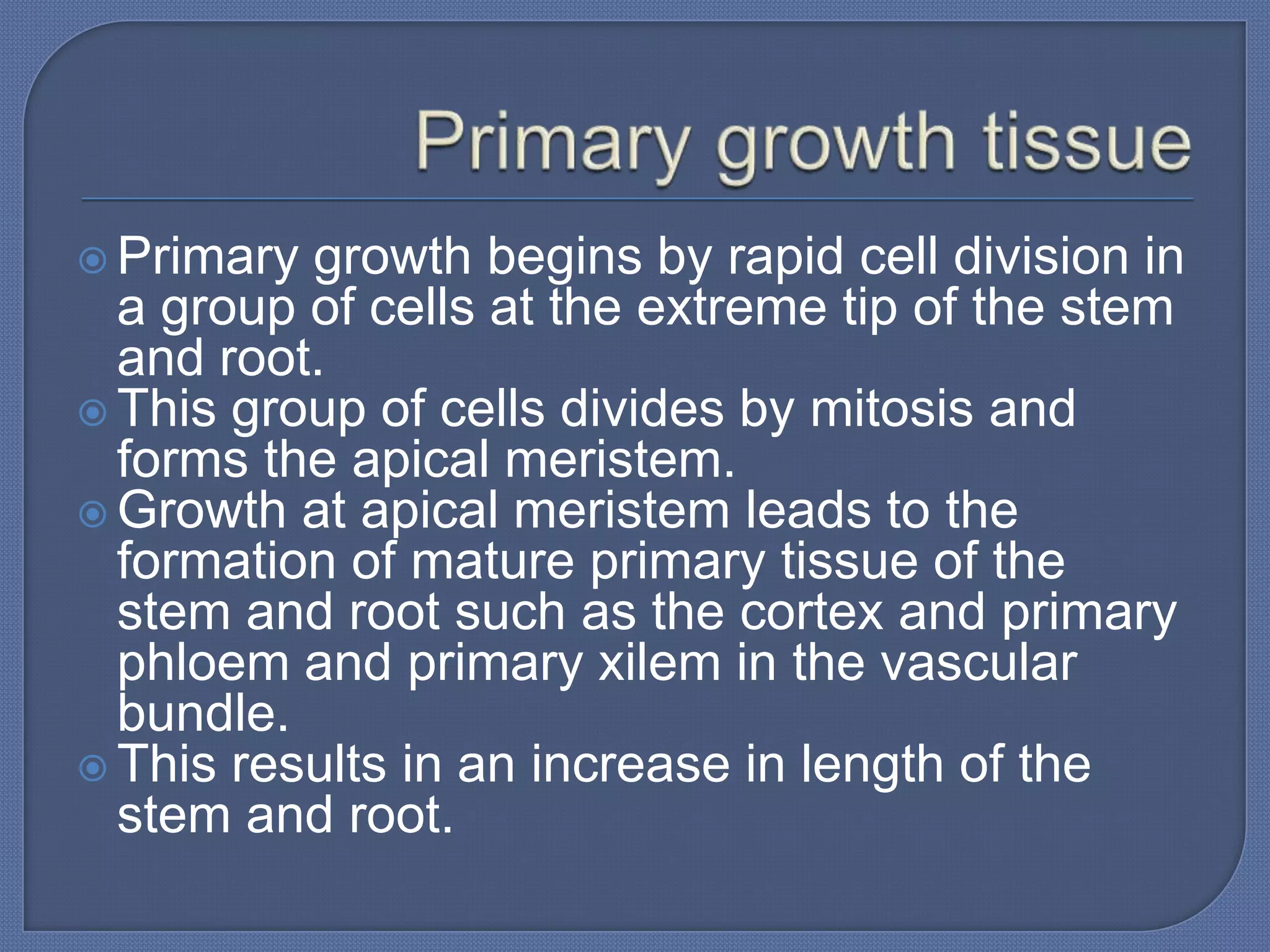  Primary growth begins by rapid cell division in
  a group of cells at the extreme tip of the stem
  and root.
 This group of cells divides by mitosis and
  forms the apical meristem.
 Growth at apical meristem leads to the
  formation of mature primary tissue of the
  stem and root such as the cortex and primary
  phloem and primary xilem in the vascular
  bundle.
 This results in an increase in length of the
  stem and root.
 
