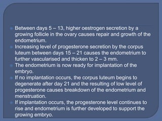    Between days 5 – 13, higher oestrogen secretion by a
    growing follicle in the ovary causes repair and growth of the
    endometrium.
   Increasing level of progesterone secretion by the corpus
    luteum between days 15 – 21 causes the endometrium to
    further vascularised and thicken to 2 – 3 mm.
   The endometrium is now ready for implantation of the
    embryo.
   If no implantation occurs, the corpus luteum begins to
    degenerate after day 21 and the resulting of low level of
    progesterone causes breakdown of the endometrium and
    menstruation.
   If implantation occurs, the progesterone level continues to
    rise and endometrium is further developed to support the
    growing embryo.
 