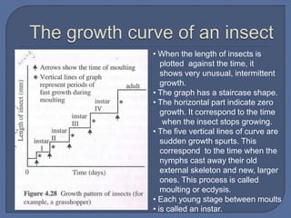 • When the length of insects is
   plotted against the time, it
   shows very unusual, intermittent
   growth.
• The graph has a staircase shape.
• The horizontal part indicate zero
   growth. It correspond to the time
    when the insect stops growing.
• The five vertical lines of curve are
   sudden growth spurts. This
   correspond to the time when the
   nymphs cast away their old
   external skeleton and new, larger
   ones. This process is called
   moulting or ecdysis.
• Each young stage between moults
• is called an instar.
 