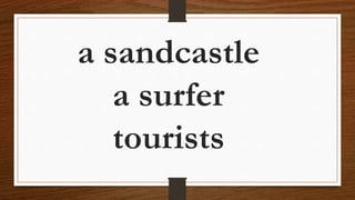 a sandcastle
a surfer
tourists