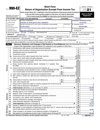 A For the 2021 calendar year, or tax year beginning and ending
B Check if applicable:
Address change
Name change
Initial return
Final return/terminated
Amended return
Application pending
C Name of organization
Number and street (or P.O. box if mail is not delivered to street address) Room/suite
City or town, state or province, country, and ZIP or foreign postal code
D Employer identification number
E Telephone number
F Group Exemption
Number ▶
G Accounting Method: Cash Accrual Other (specify) ▶ H Check ▶ if the organization is not
required to attach Schedule B
(Form 990).
I Website: ▶
J Tax-exempt status (check only one) — 501(c)(3) 501(c) ( ) ◀ (insert no.) 4947(a)(1) or 527
K Form of organization: Corporation Trust Association Other
L Add lines 5b, 6c, and 7b to line 9 to determine gross receipts. If gross receipts are $200,000 or more, or if total assets
(Part II, column (B)) are $500,000 or more, file Form 990 instead of Form 990-EZ . . . . . . . . . . . . ▶
$
Part I Revenue, Expenses, and Changes in Net Assets or Fund Balances (see the instructions for Part I)
Check if the organization used Schedule O to respond to any question in this Part I . . . . . . . . . .
Revenue
1 Contributions, gifts, grants, and similar amounts received . . . . . . . . . . . . . 1
2 Program service revenue including government fees and contracts . . . . . . . . . 2
3 Membership dues and assessments . . . . . . . . . . . . . . . . . . . . 3
4 Investment income . . . . . . . . . . . . . . . . . . . . . . . . . 4
5a Gross amount from sale of assets other than inventory . . . . 5a
b Less: cost or other basis and sales expenses . . . . . . . . 5b
c Gain or (loss) from sale of assets other than inventory (subtract line 5b from line 5a) . . . . 5c
6 Gaming and fundraising events:
a Gross income from gaming (attach Schedule G if greater than
$15,000) . . . . . . . . . . . . . . . . . . . . 6a
b Gross income from fundraising events (not including $ of contributions
from fundraising events reported on line 1) (attach Schedule G if the
sum of such gross income and contributions exceeds $15,000) . . 6b
c Less: direct expenses from gaming and fundraising events . . . 6c
d Net income or (loss) from gaming and fundraising events (add lines 6a and 6b and subtract
line 6c) . . . . . . . . . . . . . . . . . . . . . . . . . . . . . 6d
7a Gross sales of inventory, less returns and allowances . . . . . 7a
b Less: cost of goods sold . . . . . . . . . . . . . . 7b
c Gross profit or (loss) from sales of inventory (subtract line 7b from line 7a) . . . . . . . 7c
8 Other revenue (describe in Schedule O) . . . . . . . . . . . . . . . . . . . 8
9 Total revenue. Add lines 1, 2, 3, 4, 5c, 6d, 7c, and 8 . . . . . . . . . . . . . ▶ 9
Expenses
10 Grants and similar amounts paid (list in Schedule O) . . . . . . . . . . . . . . 10
11 Benefits paid to or for members . . . . . . . . . . . . . . . . . . . . . 11
12 Salaries, other compensation, and employee benefits . . . . . . . . . . . . . . 12
13 Professional fees and other payments to independent contractors . . . . . . . . . . 13
14 Occupancy, rent, utilities, and maintenance . . . . . . . . . . . . . . . . . 14
15 Printing, publications, postage, and shipping . . . . . . . . . . . . . . . . . 15
16 Other expenses (describe in Schedule O) . . . . . . . . . . . . . . . . . . 16
17 Total expenses. Add lines 10 through 16 . . . . . . . . . . . . . . . . . ▶ 17
Net
Assets
18 Excess or (deficit) for the year (subtract line 17 from line 9) . . . . . . . . . . . . 18
19 Net assets or fund balances at beginning of year (from line 27, column (A)) (must agree with
end-of-year figure reported on prior year’s return) . . . . . . . . . . . . . . . 19
20 Other changes in net assets or fund balances (explain in Schedule O) . . . . . . . . . 20
21 Net assets or fund balances at end of year. Combine lines 18 through 20 . . . . . . ▶ 21
For Paperwork Reduction Act Notice, see the separate instructions. Cat. No. 10642I Form 990-EZ (2021)
Form 990-EZ
Department of the Treasury
Internal Revenue Service
Short Form
Return of Organization Exempt From Income Tax
Under section 501(c), 527, or 4947(a)(1) of the Internal Revenue Code (except private foundations)
▶ Do not enter social security numbers on this form, as it may be made public.
▶ Go to www.irs.gov/Form990EZ for instructions and the latest information.
OMB No. 1545-0047
2021
Open to Public
Inspection
0
0
0
01/01/2021
196,308
175,099
2,754
0
0
FRIENDS OF AFRICAN VILLAGE LIBRARIES
175,099
0
63,172
0
✔
PO Box 90533
0
111,927
94-3397397
www.favl.org
0
59,242
San Jose, CA 95109
408-664-6880
0
1,176
0
0
0
0
175,099
0
0
✔
✔
0
✔
84,381
12/31/2021
0
0
0
 