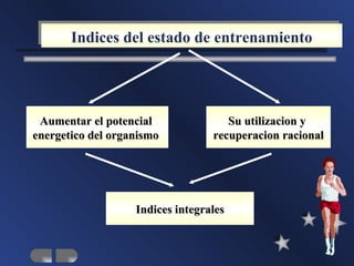 Indices del estado de entrenamiento




 Aumentar el potencial               Su utilizacion y
energetico del organismo          recuperacion racional




                   Indices integrales
 