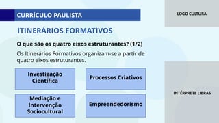 LOGO CULTURA
INTÉRPRETE LIBRAS
ITINERÁRIOS FORMATIVOS
O que são os quatro eixos estruturantes? (1/2)
Os Itinerários Formativos organizam-se a partir de
quatro eixos estruturantes.
Investigação
Científica
Mediação e
Intervenção
Sociocultural
Processos Criativos
Empreendedorismo
CURRÍCULO PAULISTA
 