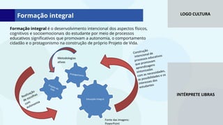 LOGO CULTURA
INTÉRPRETE LIBRAS
Educação integral
Formação integral é o desenvolvimento intencional dos aspectos físicos,
cognitivos e socioemocionais do estudante por meio de processos
educativos significativos que promovam a autonomia, o comportamento
cidadão e o protagonismo na construção de próprio Projeto de Vida.
Metodologias
ativas
Formação integral
Fonte das imagens:
PowerPoint
 