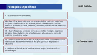 LOGO CULTURA
INTÉRPRETE LIBRAS
VI – sustentabilidade ambiental;
VII – diversificação da oferta de forma a possibilitar múltiplas trajetórias
por parte dos estudantes e a articulação dos saberes com o contexto
histórico, econômico, social, científico, ambiental, cultural local e do mundo
do trabalho;
VII – diversificação da oferta de forma a possibilitar múltiplas trajetórias
por parte dos estudantes e a articulação dos saberes com o contexto
histórico, econômico, social,
VIII – indissociabilidade entre educação e prática social, considerando-se a
historicidade dos conhecimentos e dos protagonistas do processo
educativo;
IX – indissociabilidade entre teoria e prática no processo de ensino-
aprendizagem.
Princípios Específicos
 