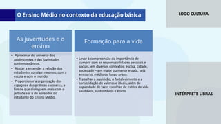 LOGO CULTURA
INTÉRPRETE LIBRAS
Formação para a vida
As juventudes e o
ensino
• Aproximar do universo dos
adolescentes e das juventudes
contemporâneas.
• Ajudar a entender a relação dos
estudantes consigo mesmos, com a
escola e com o mundo.
• Proporcionar a organização dos
espaços e das práticas escolares, a
fim de que dialoguem mais com o
jeito de ser e de aprender do
estudante do Ensino Médio.
• Levar à compreensão da importância de
cumprir com as responsabilidades pessoais e
sociais, em diversos contextos: escola, cidade,
sociedade – em maior ou menor escala, seja
em curto, médio ou longo prazo.
• Trabalhar a aquisição, o fortalecimento e a
consolidação de valores e ideais, além da
capacidade de fazer escolhas de estilos de vida
saudáveis, sustentáveis e éticos.
O Ensino Médio no contexto da educação básica
 
