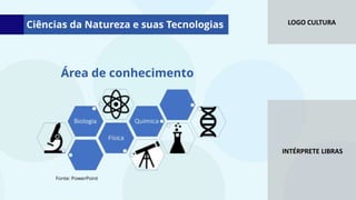 LOGO CULTURA
INTÉRPRETE LIBRAS
Ciências da Natureza e suas Tecnologias
Área de conhecimento
Fonte: PowerPoint
 