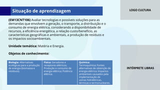 LOGO CULTURA
INTÉRPRETE LIBRAS
(EM13CNT106) Avaliar tecnologias e possíveis soluções para as
demandas que envolvem a geração, o transporte, a distribuição e o
consumo de energia elétrica, considerando a disponibilidade de
recursos, a eficiência energética, a relação custo/benefício, as
características geográficas e ambientais, a produção de resíduos e
os impactos socioambientais.
Unidade temática: Matéria e Energia.
Objetos de conhecimento:
Situação de aprendizagem
Biologia: Alternativas
ecológicas para a produção
de energia (biomassa e
resíduos).
Física: Geradores e
receptores elétricos;
Produção e consumo de
energia elétrica; Potência
elétrica.
Química:
Termoquímica; Fontes
alternativas de obtenção de
energia elétrica; Impactos
ambientais causados pela
implementação de
usinas hidrelétricas,
térmicas e termonucleares.
 