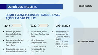 LOGO CULTURA
INTÉRPRETE LIBRAS
COMO ESTAMOS CONCRETIZANDO ESSAS
AÇÕES EM SÃO PAULO?
2019 2020 2021 a 2023
● Homologação do
Currículo Paulista
dos EI/EF
● Formação em Projeto
de Vida, Eletivas e
Tecnologia
● Escutas da rede sobre o
Currículo Paulista do EM
● Implementação do
Currículo Paulista dos
EI/EF
● Início dos novos
componentes Inova
● Consulta pública e
homologação do
Currículo do EM
● Implementação
progressiva do
Currículo Paulista
do EM:
2021 – 1ª série
2022 – 2ª série
2023 – 3ª série
CURRÍCULO PAULISTA
 
