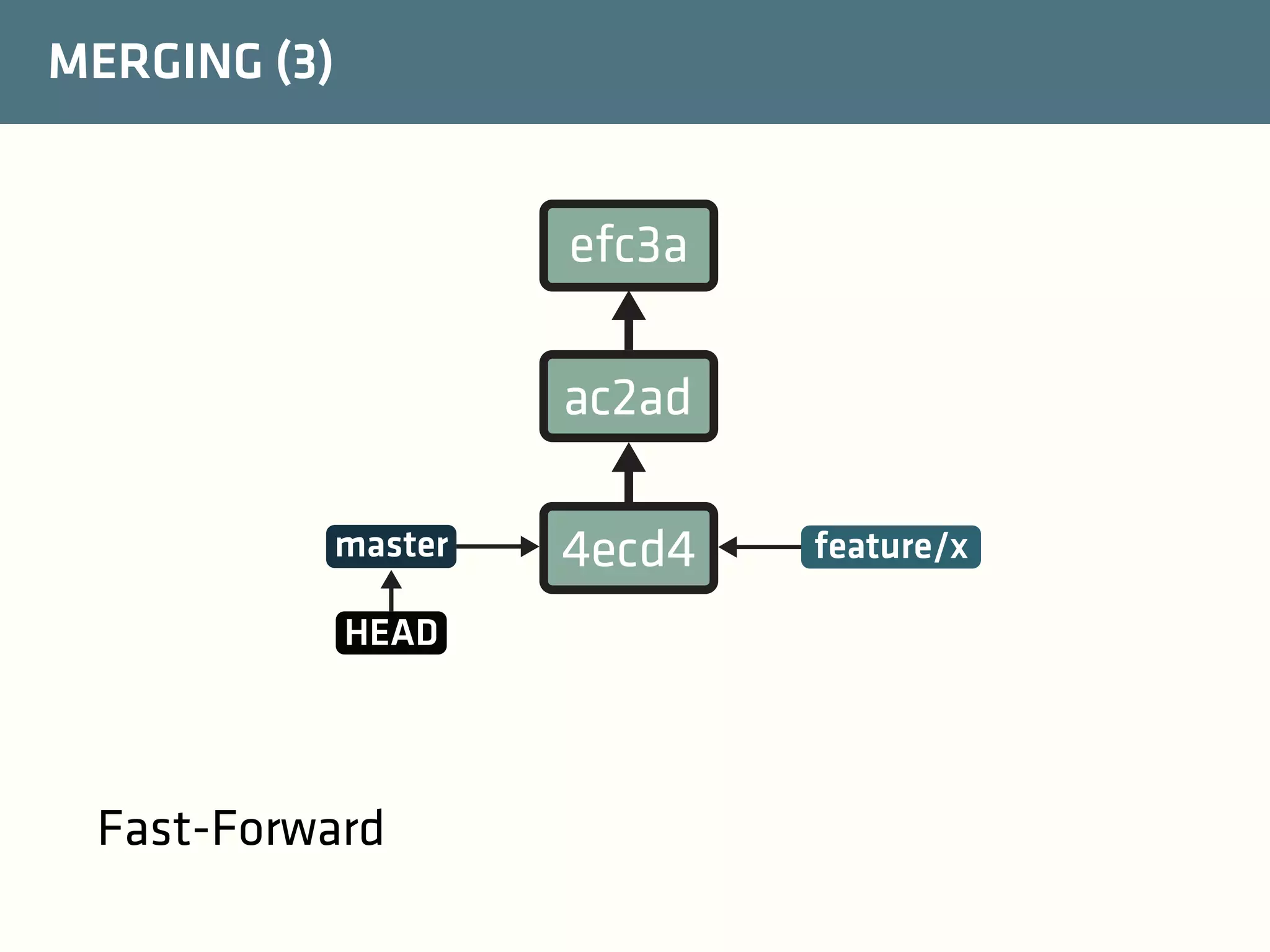 MERGING (3)

efc3a
ac2ad
master
HEAD

Fast-Forward

4ecd4

feature/x

 