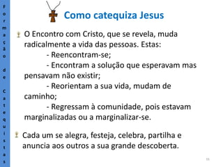 11
Como catequiza Jesus
F
o
r
m
a
ç
ã
o
d
e
C
a
t
e
q
u
i
s
t
a
s
O Encontro com Cristo, que se revela, muda
radicalmente a vida das pessoas. Estas:
- Reencontram-se;
- Encontram a solução que esperavam mas
pensavam não existir;
- Reorientam a sua vida, mudam de
caminho;
- Regressam à comunidade, pois estavam
marginalizadas ou a marginalizar-se.
Cada um se alegra, festeja, celebra, partilha e
anuncia aos outros a sua grande descoberta.
 