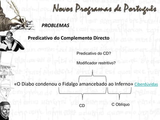 PROBLEMASPredicativodo ComplementoDirectoPredicativo do CD?Modificador restritivo?«O Diabo condenou o Fidalgo amancebado ao Inferno» CiberdúvidasC OblíquoCD