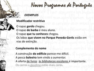 EXEMPLOSModificador restritivoO rapaz gordo chegou.O rapaz de barba é meu aluno.O rapaz que tu conheces chegou.Os lobos que vivem no Parque Peneda-Gerês estão em vias de extinção.Complemento do nomeA construção do edifício parece-me difícil.A pesca baleeira tem vindo a aumentar.A oferta de livrosàs bibliotecas escolares é importante.Os carros agasolina estão mais caros.