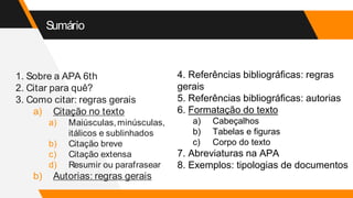 Sumário
1. Sobre a APA 6th
2. Citar para quê?
3. Como citar: regras gerais
a) Citação no texto
a) Maiúsculas,minúsculas,
itálicos e sublinhados
b) Citação breve
c) Citação extensa
d) Resumir ou parafrasear
b) Autorias: regras gerais
4. Referências bibliográficas: regras
gerais
5. Referências bibliográficas: autorias
6. Formatação do texto
a) Cabeçalhos
b) Tabelas e figuras
c) Corpo do texto
7. Abreviaturas na APA
8. Exemplos: tipologias de documentos
 