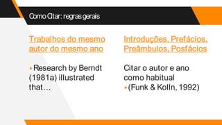 Trabalhos do mesmo
autor do mesmo ano
▸Research by Berndt
(1981a) illustrated
that…
.
Introduções, Prefácios,
Preâmbulos, Posfácios
Citar o autor e ano
como habitual
▸(Funk & Kolln, 1992)
ComoCitar:regrasgerais
 