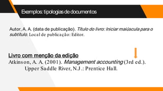 Exemplos:tipologiasdedocumentos
Autor, A. A. (data de publicação). Título do livro: Iniciar maiúscula para o
subtítulo. Local de publicação: Editor.
Livro com menção da edição
Atkinson, A. A. (2001). Management accounting (3rd ed.).
Upper Saddle River, N.J .: Prentice Hall.
 