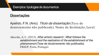 Exemplos:tipologiasdedocumentos
Dissertações
Apelido, F.N. (Ano). Título da dissertação (Tese de
doutoramento não publicada). Nome da Instituição, Local.
Almeida, A. C. (2015). After artistic research : What follows the
establishment and the realization of the establishment of the
phenomenon (Tese de doutoramento não publicada).
FBAUP, Porto, Portugal.
 