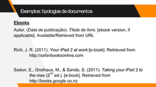 Exemplos:tipologiasdedocumentos
Ebooks
Autor. (Data de publicação). Título do livro. [ebook version, if
applicable]. Available/Retrieved from URL
Rich, J. R. (2011). Your iPad 2 at work [e-book]. Retrieved from
http://safaribooksonline.com
Sadun, E., Grothaus, M., & Sande, S. (2011). Taking your iPad 2 to
the max (2
nd
ed.). [e-book]. Retrieved from
http://books.google.co.nz
 
