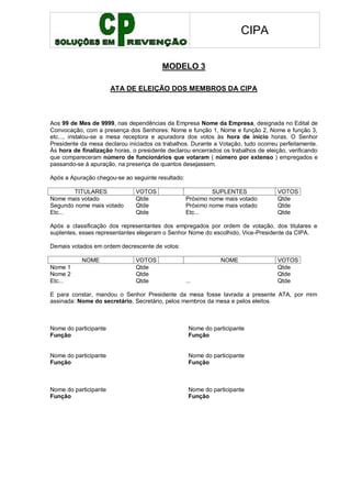 CIPA
MODELO 3
ATA DE ELEIÇÃO DOS MEMBROS DA CIPA
Aos 99 de Mes de 9999, nas dependências da Empresa Nome da Empresa, designada no Edital de
Convocação, com a presença dos Senhores: Nome e função 1, Nome e função 2, Nome e função 3,
etc..., instalou-se a mesa receptora e apuradora dos votos às hora de início horas. O Senhor
Presidente da mesa declarou iniciados os trabalhos. Durante a Votação, tudo ocorreu perfeitamente.
Às hora de finalização horas, o presidente declarou encerrados os trabalhos de eleição, verificando
que compareceram número de funcionários que votaram ( número por extenso ) empregados e
passando-se à apuração, na presença de quantos desejassem.
Após a Apuração chegou-se ao seguinte resultado:
TITULARES VOTOS SUPLENTES VOTOS
Nome mais votado Qtde Próximo nome mais votado Qtde
Segundo nome mais votado Qtde Próximo nome mais votado Qtde
Etc... Qtde Etc... Qtde
Após a classificação dos representantes dos empregados por ordem de votação, dos titulares e
suplentes, esses representantes elegeram o Senhor Nome do escolhido, Vice-Presidente da CIPA.
Demais votados em ordem decrescente de votos:
NOME VOTOS NOME VOTOS
Nome 1 Qtde Qtde
Nome 2 Qtde Qtde
Etc... Qtde ... Qtde
E para constar, mandou o Senhor Presidente da mesa fosse lavrada a presente ATA, por mim
assinada: Nome do secretário, Secretário, pelos membros da mesa e pelos eleitos.
Nome do participante Nome do participante
Função Função
Nome do participante Nome do participante
Função Função
Nome do participante Nome do participante
Função Função
 