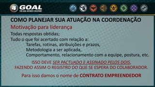 Motivação para liderança
Todas respostas obtidas;
Tudo o que foi acertado com relação a:
Tarefas, rotinas, atribuições e prazos,
Metodologia a ser aplicada,
Comportamento, relacionamento com a equipe, postura, etc.
ISSO DEVE SER PACTUADO E ASSINADO PELOS DOIS,
FAZENDO ASSIM O REGISTRO DO QUE SE ESPERA DO COLABORADOR.
Para isso damos o nome de CONTRATO EMPREENDEDOR
COMO PLANEJAR SUA ATUAÇÃO NA COORDENAÇÃO
 