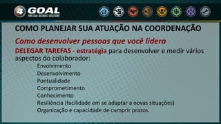COMO PLANEJAR SUA ATUAÇÃO NA COORDENAÇÃO
Como desenvolver pessoas que você lidera
DELEGAR TAREFAS - estratégia para desenvolver e medir vários
aspectos do colaborador:
Envolvimento
Desenvolvimento
Pontualidade
Comprometimento
Conhecimento
Resiliência (facilidade em se adaptar a novas situações)
Organização e capacidade de cumprir prazos.
 