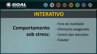 INTERATIVO
- Fora da realidade
- Otimismo exagerado
- Centro das atenções
- Falador
Comportamento
sob stress:
 