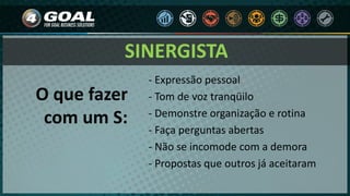 - Expressão pessoal
- Tom de voz tranqüilo
- Demonstre organização e rotina
- Faça perguntas abertas
- Não se incomode com a demora
- Propostas que outros já aceitaram
O que fazer
com um S:
SINERGISTA
 
