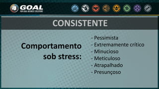 - Pessimista
- Extremamente crítico
- Minucioso
- Meticuloso
- Atrapalhado
- Presunçoso
Comportamento
sob stress:
CONSISTENTE
 