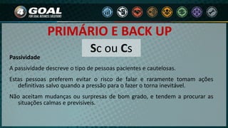 PRIMÁRIO E BACK UP
Sc ou Cs
Passividade
A passividade descreve o tipo de pessoas pacientes e cautelosas.
Estas pessoas preferem evitar o risco de falar e raramente tomam ações
definitivas salvo quando a pressão para o fazer o torna inevitável.
Não aceitam mudanças ou surpresas de bom grado, e tendem a procurar as
situações calmas e previsíveis.
 
