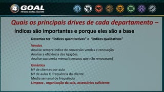 Quais os principais drives de cada departamento –
Devemos ter “índices quantitativos” e “índices qualitativos”
Vendas
Analise sempre índice de conversão vendas e renovação
Analise a eficiência das ligações
Analise sua perda mensal (pessoas que não renovaram)
Ginástica
Nº de clientes por aula
Nº de aulas X frequência do cliente
Media semanal de frequência
Limpeza , organização da sala, assessórios suficiente
índices são importantes e porque eles são a base
 
