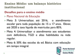 Ensino Médio: um balanço histórico
institucional
Desafios para o ensino médio
 Plano Nacional de Educação
 Meta 3: Universalizar, até 2016, o atendimento
escolar para toda população de 15 a 17 anos. Elevar,
até 2020 a taxa líquida de matrículas para 85%.
 Meta 4: Universalizar o atendimento aos estudantes
com deficiência, TGD e altas habilidades na rede
regular.
 Meta 6: 50% das escolas da ed. Básica com educação
em tempo integral.
 
