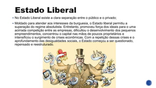 ▪ No Estado Liberal existe a clara separação entre o público e o privado;
▪ Moldado para atender aos interesses da burguesia, o Estado liberal permitiu a
superação do regime absolutista. Entretanto, promoveu força dos ideais para o uma
acirrada competição entre as empresas, dificultou o desenvolvimento dos pequenos
empreendimentos, concentrou o capital nas mãos de poucos proprietários e
intensificou o surgimento de crises econômicas. Com a repetição dessas crises e o
aprofundamento das desigualdades sociais, o Estado começou a ser questionado,
repensado e reestruturado.
 