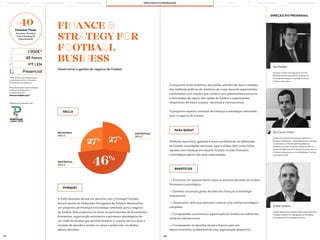 199 200
*early bird fee para pagamentos
confirmadas até um mês antes
do arranque do programa.
Para informações sobre inscrições,
políticas de adiamento e
cancelamento em:
fexecutivos@pbs.up.pt
1.900€*
48 horas
Presencial
PT | EN
DIREÇÃO DO PROGRAMA
PARA QUEM?
A Porto Business School em parceria com a Portugall Footbal
School, escola da Federação Portuguesa de Futebol, desenvolveu
um programa de Finanças e Estratégia orientado para o negócio
do futebol. Este programa irá dotar os participantes de ferramentas
financeiras, organização económica e processos estratégicos de
um clube de futebol que permite fornecer o suporte técnico para a
tomada de decisão e avaliar os riscos e potenciais resultados
dessas decisões.
Diretores, executivos, gestores e outros profissionais de federações
de futebol, associações nacionais, ligas e clubes, bem como todos
aqueles com interesse em assumir funções na área financeira
e estratégica dentro das suas organizações.
PORQUÊ?
FINANCE &
STRATEGY FOR
FOOTBALL
BUSINESS
Desenvolver a gestão do negócio do futebol.
SKILLS
#40
Finantial Times
European Business
School Ranking’19
[OpenExecEd]
—> Encontrar um suporte teórico para as diversas decisões no âmbito
financeiro e estratégico;
—> Dominar processos gerais da área das finanças e estratégia
empresarial;
—> Desenvolver skills que permitam realizar uma análise estratégica
completa;
—> Compreender a estrutura e organização do futebol em diferentes
cenários internacionais;
—> Compreender os desafios atuais e futuros para um
desenvolvimento sustentável de uma organização desportiva.
BENEFÍCIOS
O programa inclui palestras, discussões, estudos de caso e análises
das melhores práticas de membros do corpo docente especialistas
combinadas com sessões que contam com palestrantes exclusivos
e renomados de alguns dos clubes de futebol e organizações
desportivas de maior sucesso, nacionais e internacionais.
O programa explora conceitos de finanças e estratégia orientadas
para o negócio do futebol.
RELATIONAL
SKILLS
EXISTENTIAL
SKILLS
CONTEXTUAL
SKILLS
27%
27%
46%
Programa em parceria com:
Rui Padrão
Docente e diretor de programas na Porto
Business School. Especialista nas áreas de
Execução Estratégica, Corporate Finance e
Fusões e Aquisições.
Rui Couto Viana
Doutor em Ciências Empresariais , Mestre em
Ciências Empresariais - especialização em Finanças
e Licenciado em Gestão pela Faculdade de
Economia do Porto. Professor Auxiliar da FEP. Foi
Diretor do MBA Executivo da Porto Business School
e Diretor do Mestrado em Contabilidade e Controlo
de Gestão da FEP.
André Seabra
Diretor da Escola de Futebol de Portugal. É também
Professor Auxiliar com Agregação na Faculdade
de Desporto da Universidade do Porto.
PORTO BUSINESS SCHOOL OPEN EXECUTIVE PROGRAMMES
LEARNING JOURNEY PÓS-GRADUAÇÕES SOLUÇÕES PARA EMPRESAS
MBAs
THE BUILDING OF YOU
 