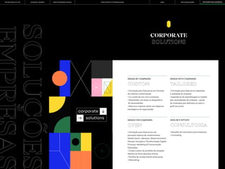 223 224
CORPORATE
SOLUTIONS
SOLUÇÕES
• Formação para Executivos em formato
de máxima customização.
• Co-criada de raiz com a empresa.
• Desenhada com base no diagnóstico
de necessidades.
• Retorno e impacto direto nos objetivos
estratégicos da organização.
DESIGN BY COMPANIES
DESIGN FOR COMPANIES ANÁLISE E ESTUDO
DESIGN WITH COMPANIES
• Formação para Executivos nos
principais tópicos de conhecimento:
Gestão Geral, Liderança, Desenvolvimento
Pessoal, Inovação e Transformação Digital,
Finanças, Marketing & Comunicação,
Operações.
• Criada a partir do portfolio de soluções
abertas da Porto Business School.
• Partilha de conhecimento entre pares.
• Networking.
• Formação para Executivos adaptada
à realidade da empresa.
• Experiência de aprendizagem à medida
das necessidades da empresa - ajuste
de conteúdos pré-definidos ao setor e
perfil da turma.
• Soluções de consultoria para empresas.
• Counseling.
CUSTOM
OPEN
TAILORED
CONSULTORIA
PORTO BUSINESS SCHOOL OPEN EXECUTIVE PROGRAMMES
LEARNING JOURNEY PÓS-GRADUAÇÕES SOLUÇÕES PARA EMPRESAS
MBAs
THE BUILDING OF YOU
 
