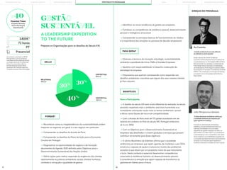 19 20
João Wengorovius Meneses
“O último Barómetro da Edelman afirma que
a sociedade ambiciona por empresas que
sejam agentes de mudança.”
Formado em Administração de Empresas,
Marketing e Estudos de Desenvolvimento nas
melhores universidades. Com uma sólida
experiência em gestão e liderança na ONG e no
Setor público, é um líder criativo e um entrepreneur,
comprometido em criar e compartilhar valor. Desta
forma combina as suas habilidades de gestão com
a sua paixão pelo desenvolvimento socioeconómico,
tornando-o um forte ativo para impulsionar a
mudança e estimular a inovação em tudo o que faz.
Rui Coutinho
“A Gestão do Século 21 será muito diferente
da realizada no século passado.”
Diretor executivo do Center for Business
Innovation da Porto Business School e professor de
empreendedorismo no The Magellan MBA da Porto
Business School. Foi o fundador e coordenador da
Porto Design Factory, onde geriu os aceleradores
de inicialização do Porto Design Accelerator e Beta
Sound System. Foi também o coordenador do ME310
PORTO - Pós-Graduação em Inovação de Produtos,
em parceria com a Universidade de Stanford e a
Rede SUGAR.
DIREÇÃO DO PROGRAMA
PARA QUEM?
Para o Participante:
—> A Gestão do século XXI será muito diferente da realizada no século
passado: respeitará mais o ambiente, será mais humanista e os
investidores valorizarão muito mais os temas ambientais, sociais
e éticos como fatores de risco e de competitividade;
—> Com o Acordo de Paris mais de 170 países acordaram em ser
neutros em carbono no final do século XXI, Portugal ambiciona
sê-lo em 2050;
—> Com os Objetivos para o Desenvolvimento Sustentável as
empresas são desafiadas a criarem produtos e serviços que possam
contribuir ativamente para esses objetivos;
—> O último Barómetro da Edelman afirma que a sociedade
ambiciona por empresas que sejam agentes de mudança, e por CEOs
emotivos e capazes de ajudar a solucionar muitos dos problemas
societais e que atuem por um propósito maior do que meramente
o lucro. Neste contexto é essencial desenvolver competências
associadas à resiliência humana, ao desenvolvimento pessoal,
à consciência e à emoção que sejam capazes de transformar os
gestores em líderes para o futuro.
—> Reconhecer como as megatendências da sustentabilidade podem
impactar os negócios, em geral, e o seu negócio em particular;
—> Compreender os desafios do Acordo de Paris;
—> Compreender os desafios do Plano de Ação para a Economia
Circular em Portugal;
—> Diagnosticar as oportunidades de negócio e de Inovação
decorrentes da Agenda 2030 definida pelos Objetivos para o
Desenvolvimento Sustentável das Nações Unidas;
—> Definir ações para melhor responder às exigências dos clientes
relativamente às práticas ambientais, sociais, direitos humanos,
combate à corrupção e igualdade de género;
—> Diretores e técnicos de inovação, estratégia, sustentabilidade,
ambiente e qualidade de micro, PMEs e Grandes Empresas;
—> Quadros com responsabilidade no desenho e execução da
estratégia da empresa;
—> Empresários que queiram compreender como responder aos
desafios ambientais e societais que alguns dos seus maiores clientes
já lhes colocam.
BENEFÍCIOS
PORQUÊ?
GESTÃO
SUSTENTÁVEL
Preparar as Organizações para os desafios do Século XXI.
SKILLS
PT
3.800€*
72 horas
Presencial
#40
Finantial Times
European Business
School Ranking’19
[OpenExecEd]
—> Identificar as novas tendências de gestão por propósito;
—> Fortalecer as competências de resiliência pessoal, desenvolvimento
pessoal e inteligência emocional;
—> Compreender os princípios básicos de funcionamento do cérebro,
e a importância das emoções no processo de decisão empresarial.
A LEADERSHIP EXPEDITION
TO THE FUTURE
PORTO BUSINESS SCHOOL OPEN EXECUTIVE PROGRAMMES
LEARNING JOURNEY PÓS-GRADUAÇÕES SOLUÇÕES PARA EMPRESAS
MBAs
RELATIONAL
SKILLS
EXISTENTIAL
SKILLS
CONTEXTUAL
SKILLS
40%
30%
30%
THE BUILDING OF YOU
As empresas associadas do BCSD
Portugal bem como as empresas
associadas da Porto Business School,
os antigos alunos da Porto Business
School e os associados efetivos
da Porto Business School Alimni
beneficiam de condições especiais.
Contacte-nos para mais informações.
 