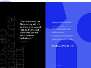 4 5
PORTO BUSINESS SCHOOL OPEN EXECUTIVE PROGRAMMES
THE BUILDING OF YOU LEARNING JOURNEY PÓS-GRADUAÇÕES SOLUÇÕES PARA EMPRESAS
MBAs
THE
BUILDING
Num mundo em mudança cada vez mais acelerada,
a necessidade de adaptação é tão real como a
própria mudança.
A aprendizagem é essencial para a nossa existência,
e o grande desafio que se coloca é o de sermos
capazes de aprender, desaprender e reaprender,
ao longo da vida. De reinventarmo-nos e sermos
capazes de nos reconstruirmos.
Na Porto Business School promovemos a curiosidade,
a experimentação, a autonomia, o pragmatismo.
Criamos as condições para o desenvolvimento das
competências necessárias - existenciais, contextuais
e relacionais - para a (re)construção de si.
"The illiterate of the
21st century will not
be those who cannot
read and write, but
those who cannot
learn, unlearn,
and relearn."
— Alvin Toffler, Futurist
THE BUILDING OF YOU
 