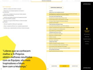 67 68
METODOLOGIAS
METODOLOGIAS
ESTRUTURA CURRICULAR
Experiential Learning
Role Playing
Coaching
APPLICATION
LEARNING
Self-Assessment
Wishes Book
TEMÁTICA
Where are you in your Leadership Journey?
First connect with Yourself, then Lead.
Think, Feel, Sense and Inspire the Team.
Challenge Yourself and your Team.
Leading Virtual Teams.
Don't get Ready, Get Started.
Sensibilização para a importância do Processo de Autoconhecimento e de Tomada
de Consciência do seu Potencial no exercício da Liderança.
Descoberta de mim próprio enquanto Pessoa e Líder.
O seu Desenvolvimento Pessoal e o seu Estilo de Liderança.
Estimular um ambiente de colaboração.
Mobilizar uma equipa em gestão à distância.
Sessão Individual de Executive Coaching.
As Crenças, Valores, Propósito e Princípios de Liderança.
Aplicar a sua energia com uma atitude positiva.
Mobilizar as equipas.
Criar momentos de forte significado e de vinculação.
Reconhecer o desempenho.
A minha história de Vida, as vozes interiores e o meu Ego.
Orientar o seu Potencial para maximizar as suas competências como Líder.
Desenvolver os membros da equipa.
Tornar-se (virtualmente) um líder mais presente e atento.
A Gestão da Autenticidade.
Faça a gestão da sua Leadership Brand.
Desafiar para melhores resultados.
Reforce laços relacionais e emocionais via ferramentas digitais.
Para a Organização:
—> Melhorar a Liderança das Chefias na empresa;
—> Proporcionar uma employee experience motivadora e
de compromisso;
—> Desenvolver a Inteligência Emocional das Chefias, Quadros
Superiores e Administradores;
—> Incentivar uma Gestão de Pessoas mais preparada para lidar
com os atuais desafios na gestão;
—> Estimular um conjunto de Boas Práticas no âmbito da Gestão
das Pessoas;
—> Alimentar a pipeline de liderança da organização;
—> Alinhar o propósito profissional com o propósito organizacional;
—> Contribuir para a implementação dos Valores e Cultura da empresa.
CANDIDATURAS CONTACTE-NOS
MAIS INFO
“Líderes que se conhecem
melhor a Si Próprios
obtêm melhores resultados
com as Equipas, são mais
Inspiradores e lidam
bem com a Mudança.”
PORTO BUSINESS SCHOOL OPEN EXECUTIVE PROGRAMMES
LEARNING JOURNEY PÓS-GRADUAÇÕES SOLUÇÕES PARA EMPRESAS
MBAs
THE BUILDING OF YOU
 