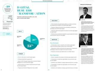 79 80
PT Carlos Vaz
“Conheça as técnicas e ferramentas para a
prática do pensamento exponencial e implemente
estratégias e táticas de criação de valor pela
inovação”.
Licenciado em Eng. Eletrónica e de Computadores
com Pós-Graduação em Gestão de Informação
pela FEUP, e MBA pela Porto Business School. As
suas especialidades estão focadas na Gestão de
Sistemas e Tecnologias de Informação, alinhamento
do negócio com as tecnologias, e na implementação
de modelos de governação de SI’s. Professor da
Porto Business School.
Gabriel Coimbra
“ O atual contexto, marcado pelo digital, exigirá
uma nova espécie de organização, onde a escala
e a velocidade de inovação necessárias para as
organizações se manterem competitivas exigirão
modelos operacionais hiperconectados, com base
em novos modelos de negócio e valor através
de grandes plataformas e comunidades digitais
baseadas em API a AI.”
Mais de 20 anos de experiência na área das TIC,
Vice Presidente da IDC EMEA e Director-Geral
da ID Portugal. Mestre em Estatística e Gestão
de Informação pela NOVA IMS e pós-graduado
em Gestão Avançada pela Escola de Negócios e
Economia da Universidade Católica. Colabora com
a academia e programas de pós-graduação em
sistemas de informação e transformação digital
em algumas das mais influentes universidades de
Portugal, onde se inclui a Porto Business School.
DIREÇÃO DO PROGRAMA
PARA QUEM?
Para o Participante:
—> Compreender o que é o imperativo da transformação digital
e que instrumentos podem acelerar essa transformação;
—> Desenvolver a prática do pensamento exponencial e implementar
estratégias e táticas de criação de valor pela inovação;
—> Entender as técnicas para desenvolver um mindset criativo.
—> Foco na visão para a transformação digital;
—> Ambiente desafiador e experiencial;
—> Apoio da IDC Portugal, empresa líder mundial em Market
Intelligence ao nível da Economia Digital;
—> Acesso exclusivo ao research internacional da IDC sobre
Transformação Digital;
—> Programa em Escola de Negócios do top mundial.
—> Administradores de organizações públicas e privadas, envolvidos
em programas de inovação e de transformação digital;
—> Gestores e diretores de primeira linha envolvidos na definição de
estratégias de transformação digital;
—> Decisores e gestores de projetos envolvidos na tranformação digital
da organização;
—> Profissionais que pretendam entender as oportunidades de mercado
numa economia cada vez mais digital.
Para a Organização:
—> Acesso à biblioteca de estudos de Transformação Digital da IDC;
—> Compreender a missão das organizações numa economia cada
vez mais digital;
—> Entender como mobilizar a energia organizacional para a inovação.
—> Compreender a missão das organizações numa economia cada
vez mais digital;
—> Entender como mobilizar a energia organizacional para a inovação.
BENEFÍCIOS
PORQUÊ?
SKILLS
DIGITAL
BUSINESS
TRANSFORMATION
Capacitar os decisores para definir uma visão
para a transformação digital.
*early bird fee para pagamentos
confirmadas até um mês antes
do arranque do programa.
Para informações sobre inscrições,
políticas de adiamento e
cancelamento em:
fexecutivos@pbs.up.pt
1.300€*
16 horas
Presencial
RELATIONAL
SKILLS
EXISTENTIAL
SKILLS
CONTEXTUAL
SKILLS
30%
18%
52%
#40
Finantial Times
European Business
School Ranking’19
[OpenExecEd]
PORTO BUSINESS SCHOOL OPEN EXECUTIVE PROGRAMMES
LEARNING JOURNEY PÓS-GRADUAÇÕES SOLUÇÕES PARA EMPRESAS
MBAs
CERTIFICADO
DE EXCELÊNCIA
EM DIGITAL
TRANSFORMATION
THE BUILDING OF YOU
 