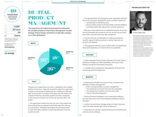 91 92
EN Steven Angelo-Edie
Steven has been involved in IT for over 30 years,
but began to focus on helping teams improve
their agility while working with Microsoft on the
Domain-Specific Languages and Software
Factories projects in 2004. Since then, he has
educated thousands of people across the globe,
as well as led a number of Agile education
programs in some of the most complex and
prestigious organizations.  
Steven has also developed courses and content
alongside our clients, including building coaching
communities in the transformations he’s worked
on. Deeply committed to helping people and
organizations improve the way they work; he 
passes on his knowledge and enthusiasm to
leave lasting capabilities and confidence. 
PROGRAMME DIRECTOR
FOR WHO?
—> Understand the breadth and scope of what is included in the
definition of Product Management;
—> Roles and responsibilities in product management;
—> The imperative to innovate faster than the competition;
—> The importance of customer centricity and insight;
—> Product Lifecycle Management.
—> Practice Emotional intelligence, active listening and effective
interview skills, some of the most important attributes to Product
Managers;
—> Create a winning Product Strategy based on Product Discovery,
Vision and Value and the right metrics to measure it;
—> Understand my customer using techniques such as Personas and
customer journey mapping;
The goal of any organization is to serve a marketplace with valuable
products and services. Today, the competitive edge of an organization
is based on how quickly and effectively the company can take their
ideas and bring them to market. Do the ideas meet the needs of the
customer? Have they solved their problem? Are they competitive
in the current environment and will they still serve the need in the
future?
—> The organization benefits from the very start of the programme,
where participants are required to practically apply their learning
to a real product. Throughout the programme, participants build
on their initial ideas, creating a rich learning experience anchored
around real work;
—> Product Managers, Product Owners, Business Unit owners, Product
operations managers and other stakeholders who are part of the
building, running and improvement of products;
—> In addition senior management and leadership, will benefit from
the learning within this programme.
BENEFITS
WHY?
SKILLS
DIGITAL
PRODUCT
MANAGEMENT
This programme will enable the participant to understand
the complete breadth of what Product Management includes;
Strategy, Product Design and Delivery to help their company
win in their Marketplace.
*early bird fee para pagamentos
confirmadas até um mês antes
do arranque do programa.
For registration information,
postponement and
cancellation policies at:
fexecutivos@pbs.up.pt
Programa em parceria com:
2.100€*
20 hours
Online
RELATIONAL
SKILLS
EXISTENTIAL
SKILLS
CONTEXTUAL
SKILLS
28%
36%
36%
#40
Finantial Times
European Business
School Ranking’19
[OpenExecEd] —> Through attendance of this programme the organization will learn
how to de-risk product development across a number of factors by;
—> getting better at identifying value;
—> flowing smaller product increments faster to get fast feedback;
—> controlling quality that improves the customer experience;
—> Shift your culture towards one of validated learning for all and tap
into the philosophy that companies who win are the ones who learn
about their customers faster than their competition;
—> Transform the way you take ideas to market by employing a
scientific approach that get products to market faster and can
be learnt and repeated;
—> The programme develops a pool of talent within the organization,
reducing the dependency on external skills and capabilities.
PORTO BUSINESS SCHOOL OPEN EXECUTIVE PROGRAMMES
LEARNING JOURNEY PÓS-GRADUAÇÕES SOLUÇÕES PARA EMPRESAS
MBAs
THE BUILDING OF YOU
 