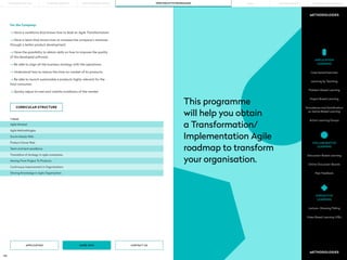 105 106
This programme
will help you obtain
a Transformation/
Implementation Agile
roadmap to transform
your organisation.
CURRICULAR STRUCTURE
METHODOLOGIES
METHODOLOGIES
Project Based Learning
Discussion-Based Learning
Online Discussion Boards
Peer Feedback
Simulations and Gamification
ou Game-Based Learning
Action Learning Groups
APPLICATION
LEARNING
COLLABORATIVE
LEARNING
Problem-Based Learning
Learning by Teaching
Case-based Exercises
Lecture—Showing/Telling
Video Based Learning (VBL)
EXPOSITIVE
LEARNING
APPLICATION CONTACT US
MORE INFO
For the Company:
—> Have a workforce that knows how to lead an Agile Transformation;
—> Have a team that knows how to increase the company’s revenues
through a better product development;
—> Have the possibility to obtain skills on how to improve the quality
of the developed software;
—> Be able to align all the business strategy with the operations;
—> Understand how to reduce the time-to-market of its products;
—> Be able to launch sustainable e products highly relevant for the
final consumer;
—> Quicky adjust to new and volatile conditions of the market.
Agile Mindset
Scrum Master Role
Team and tech excellence
Moving From Project To Products
Sharing Knowledge in Agile Organisation
Agile Methodologies
Product Owner Role
Translation of strategy In agile companies
Continuous Improvement In Organisations
THEME
PORTO BUSINESS SCHOOL OPEN EXECUTIVE PROGRAMMES
LEARNING JOURNEY PÓS-GRADUAÇÕES SOLUÇÕES PARA EMPRESAS
MBAs
THE BUILDING OF YOU
 