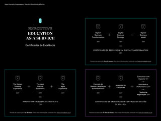 12 13
The Design
Thinking
Experience
The Lean
Startup
Experience
INNOVATION EXCELLENCE CERTIFICATE
The
Agile
Experience
24H 24H
72H
24H
EXECUTIVE
EDUCATION
AS A SERVICE
Certificados de Excelência
Controlo de
Gestão e Avaliação
de Performance
Digital
Business
Transformation
Analytics for
Executives
Digital
Business
Strategy
CERTIFICADO DE EXCELÊNCIA EM CONTROLO DE GESTÃO
CERTIFICADO DE EXCELÊNCIA EM DIGITAL TRANSFORMATION
Comunicar com
Impacto 16H
Felicidade e
Performance 26H
Toolkit de
Negociação 20H
Digital
Business
Model
40H
16H
24H
16H
DE 80H A 90H
48H
- or -
- or -
16H
Período de subscrição 9 ou 18 meses | Para mais informações, contacte-nos: fexecutivos@pbs.up.pt
Período de subscrição 9, 18 ou 24 meses | Para mais informações, contacte-nos: fexecutivos@pbs.up.pt
Período de subscrição 9 ou 18 meses | Para mais informações, contacte-nos: fexecutivos@pbs.up.pt
Open Executive Programmes / Executive Education As A Service
 
