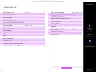 157 158
METODOLOGIAS
METODOLOGIAS
ESTRUTURA CURRICULAR
MAIS INFO
CANDIDATURAS CONTACTE-NOS
APPLICATION
LEARNING
Benchmarking
Case Studies
Trabalho Autónomo
Testemunho de especialistas
COLLABORATIVE
LEARNING
TEMÁTICA
Os Serviços Financeiros em Perspetiva
Tecnologia Blockchain
Redes de cartões de crédito, gateways de pagamento, processadores de
pagamentos e bancos
PSD2
Introdução aos Marketplaces
De um canal ao omnicanal
Inovação e Novos Modelos de Negócio
Pagamentos Móveis e Carteiras Digitais (Digital Wallets)
Digital Challenger Banks
Financiamento colaborativo de recompensas (Rewards-based Crowdfunding)
Grandes temas e tendências do Fintech
Transferências Internacionais
RegTech
Financiamento colaborativo de Capital (Equity Crowdfunding)
O que pode (deve) a indústria financeira fazer?
Regulação e Segurança e Prevenção de Fraude
O que é exatamente o Fintech?
Cryptoeconomics e Cryptomoedas
Dos cartões aos pagamentos digitais
Personal Financial Management
A sabedoria da multidão
As várias áreas do Fintech
Tendências emergentes
Sistemas de pagamento no ponto de venda (point-of-sale devices)
Robo-advisory
Financiamento colaborativo P-2-P (Peer-to-Peer Lending)
Como é que o Fintech está a impactar a indústria financeira?
Digital Cash Management
Trade Finance
InsureTech
Módulo 1 | Introdução ao Fintech
Módulo 5 – Blockchain e Cryptomoedas
Módulo 4 – Pagamentos e Transações
Módulo 2 | Open Banking
Módulo 3 | Financiamento Colaborativo (Crowdfunding)
DOCENTE HORAS
Pedro Pinheiro
Filipe Castro
Sebastião Lencastre
João Freire de Andrade
Pedrro Pinheiro
4h
4h
4h
4h
4h
PORTO BUSINESS SCHOOL OPEN EXECUTIVE PROGRAMMES
LEARNING JOURNEY PÓS-GRADUAÇÕES SOLUÇÕES PARA EMPRESAS
MBAs
THE BUILDING OF YOU
 
