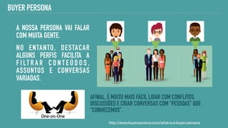http://www.buyerpersona.com/what-is-a-buyer-persona
BUYER PERSONA
A NOSSA PERSONA VAI FALAR
COM MUITA GENTE.
NO ENTANTO, DESTACAR
ALGUNS PERFIS FACILITA A
F I LT R A R C O N T E Ú D O S ,
ASSUNTOS E CONVERSAS
VARIADAS.
AFINAL, É MUITO MAIS FÁCIL LIDAR COM CONFLITOS,
DISCUSSÕES E CRIAR CONVERSAS COM “PESSOAS” QUE
“CONHECEMOS”.
 