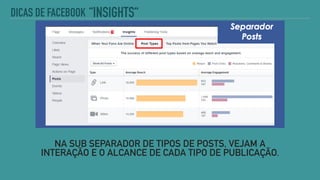 NA SUB SEPARADOR DE TIPOS DE POSTS, VEJAM A
INTERAÇÃO E O ALCANCE DE CADA TIPO DE PUBLICAÇÃO.
“INSIGHTS“DICAS DE FACEBOOK
 