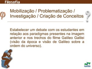 Mobilização / Problematização /
Investigação / Criação de Conceitos
Estabelecer um debate com os estudantes em
relação aos paradigmas presentes na imagem
anterior e nos trechos do filme Galileo Galilei
(visão da época e visão de Galileo sobre a
ordem do universo).
 