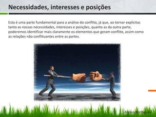 Necessidades, interesses e posições
Esta é uma parte fundamental para a análise do conflito, já que, ao tornar explícitas
tanto as nossas necessidades, interesses e posições, quanto as da outra parte,
poderemos identificar mais claramente os elementos que geram conflito, assim como
as relações não conflituantes entre as partes.
Alcino Rodrigues
 