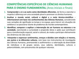 COMPETÊNCIAS ESPECÍFICAS DE CIÊNCIAS HUMANAS
PARA O ENSINO FUNDAMENTAL (Anos iniciais e finais)
1. Compreender a si e ao outro como identidades diferentes, de forma a exercitar o
respeito à diferença em uma sociedade plural e promover os direitos humanos.
2. Analisar o mundo social, cultural e digital e o meio técnico-científico- -
informacional com base nos conhecimentos das Ciências Humanas, considerando
suas variações de significado no tempo e no espaço, para intervir em situações do
cotidiano e se posicionar diante de problemas do mundo contemporâneo.
3. Identificar, comparar e explicar a intervenção do ser humano na natureza e na
sociedade, exercitando a curiosidade e propondo ideias e ações que contribuam
para a transformação espacial, social e cultural, de modo a participar efetivamente
das dinâmicas da vida social.
4. Interpretar e expressar sentimentos, crenças e dúvidas com relação a si mesmo,
aos outros e às diferentes culturas, com base nos instrumentos de investigação
das Ciências Humanas, promovendo o acolhimento e a valorização da diversidade
de indivíduos e de grupos sociais, seus saberes, identidades, culturas e
potencialidades, sem preconceitos de qualquer natureza.
 